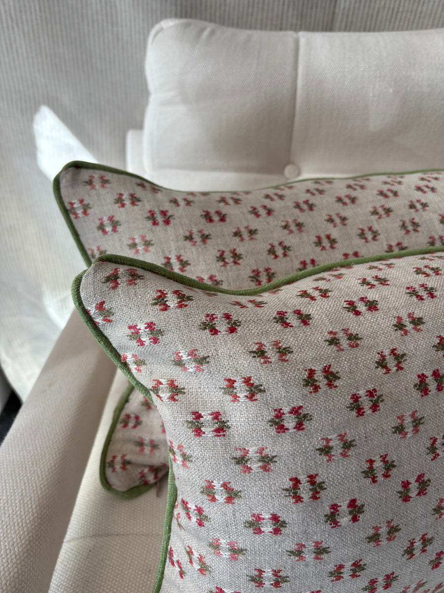 PAIR of mini bolster cushions 60 x 30cm in Colefax and fowler, denbury pink green with green piping