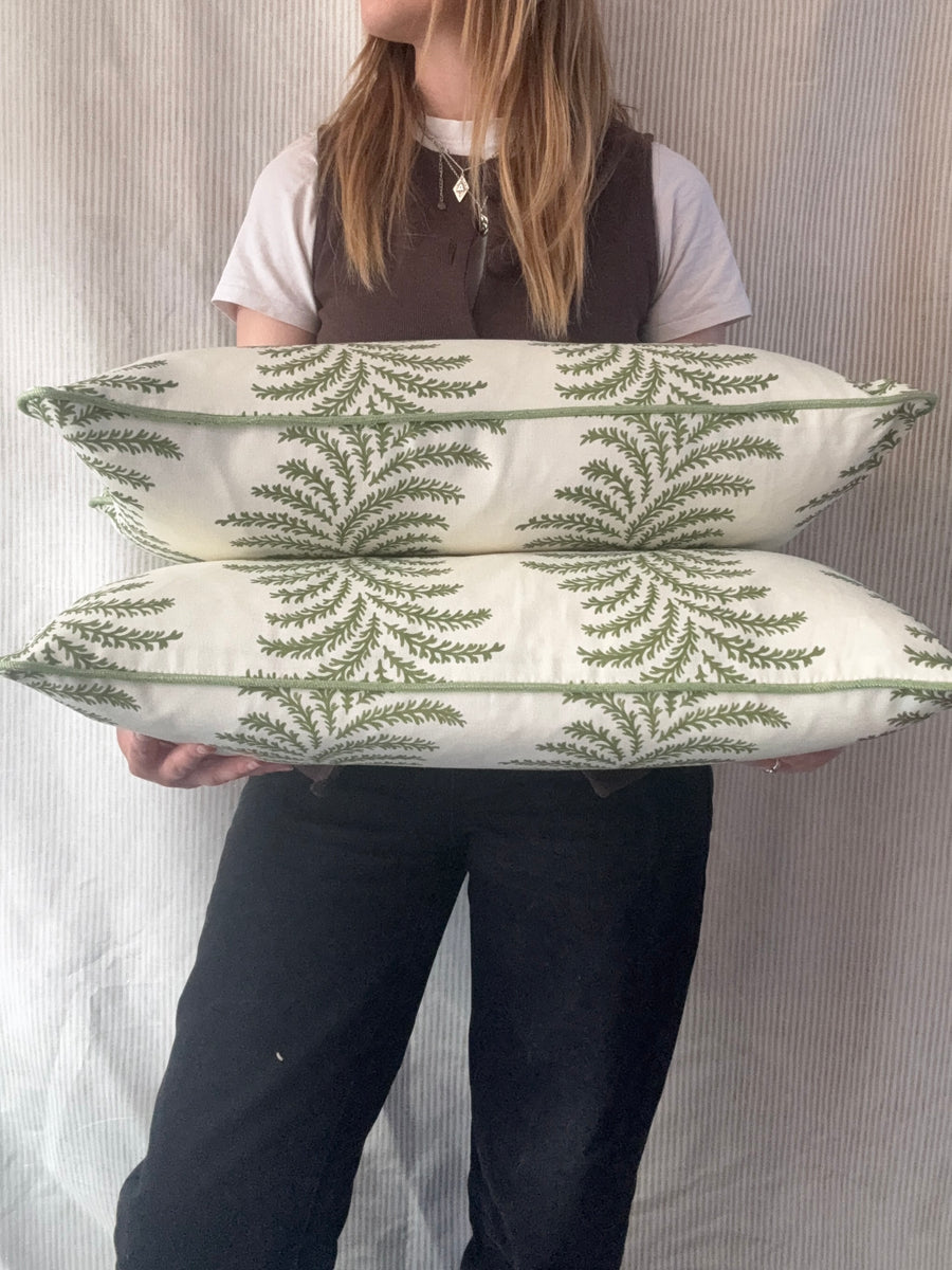 PAIR of mini bolster cushions 60 x 30cm in Warner House, Aubrey in green with green piping