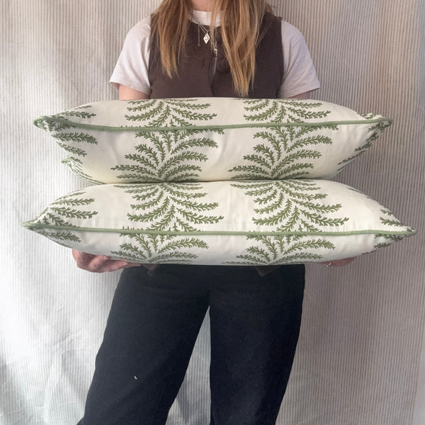 PAIR of mini bolster cushions 60 x 30cm in Warner House, Aubrey in green with green piping