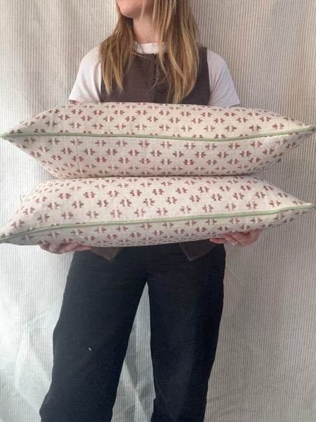 PAIR of mini bolster cushions 60 x 30cm in Colefax and fowler, denbury pink green with green piping