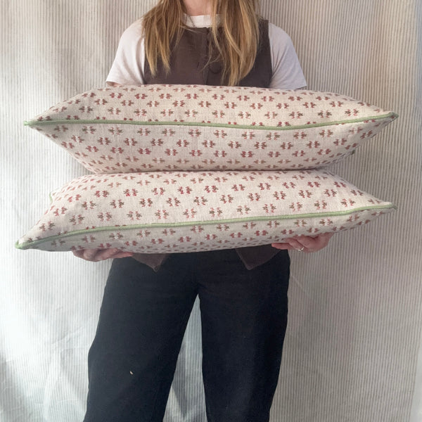 PAIR of mini bolster cushions 60 x 30cm in Colefax and fowler, denbury pink green with green piping