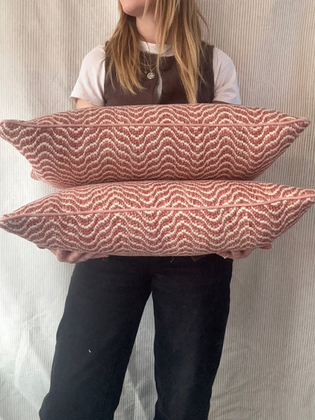 PAIR of mini bolster cushions 60 x 30cm in Nina Campbell Ondoso Red/Clay with pink piping