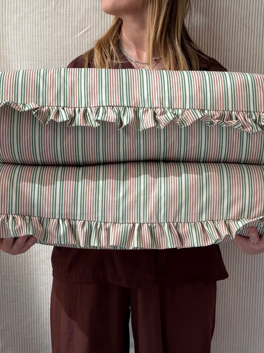 SINGLE Bolster cushion 90 x 35cm in Liberty, Regent stripe in fern pink with 2inch frill border
