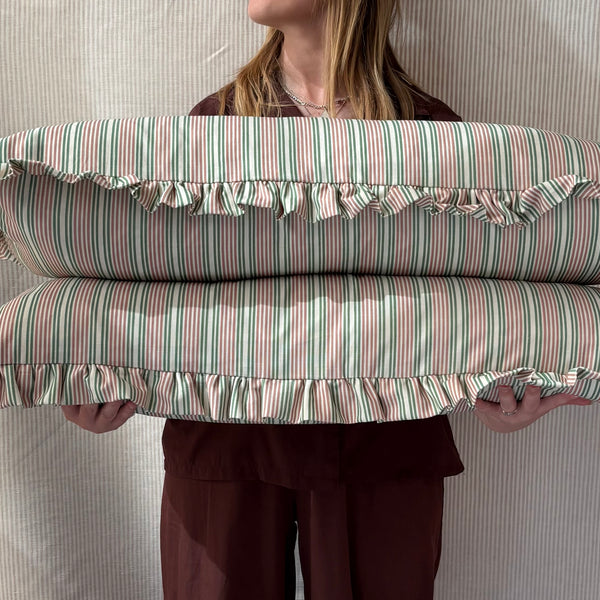 SINGLE Bolster cushion 90 x 35cm in Liberty, Regent stripe in fern pink with 2inch frill border