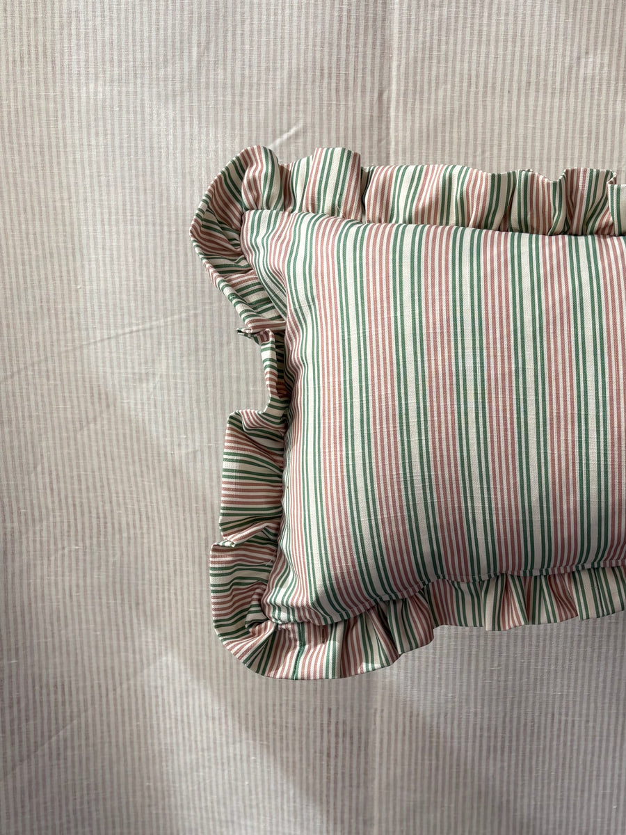 SINGLE Bolster cushion 90 x 35cm in Liberty, Regent stripe in fern pink with 2inch frill border