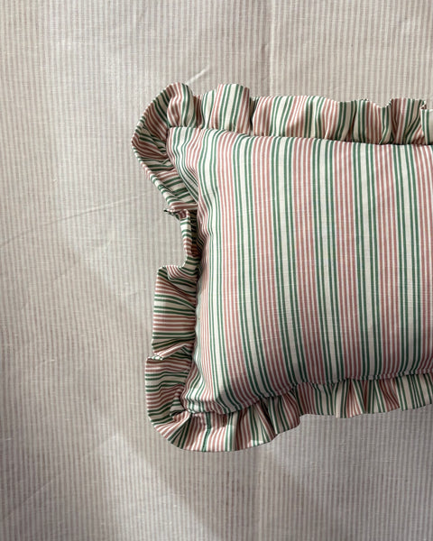 SINGLE Bolster cushion 90 x 35cm in Liberty, Regent stripe in fern pink with 2inch frill border