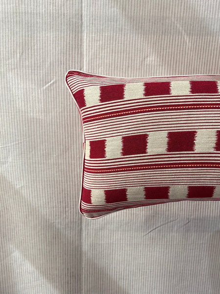 Bolster cushion 90 x 35cm in Christopher Farr, Lost and Found in ruby with Red stripe back and piping