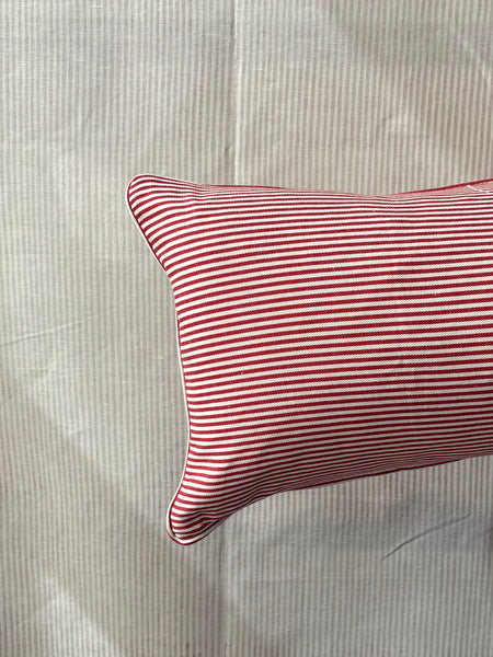 Bolster cushion 90 x 35cm in Christopher Farr, Lost and Found in ruby with Red stripe back and piping