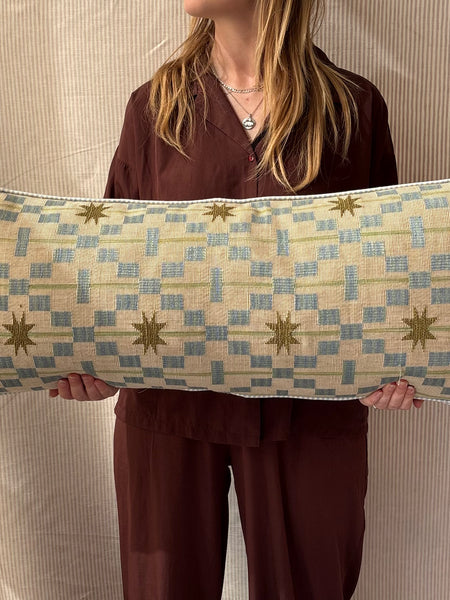 Bolster cushion 90 x 35cm in Studio Ashby, Afua in Olive with Blue stripe back and piping