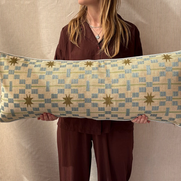 Bolster cushion 90 x 35cm in Studio Ashby, Afua in Olive with Blue stripe back and piping