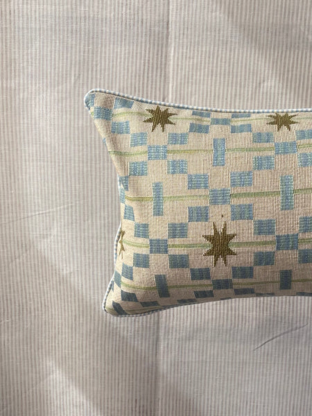 Bolster cushion 90 x 35cm in Studio Ashby, Afua in Olive with Blue stripe back and piping