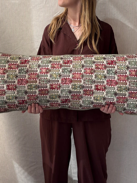 Bolster cushion 90 x 35cm in Carlos Garcia, Antolia verdigris with Green woven back and piping