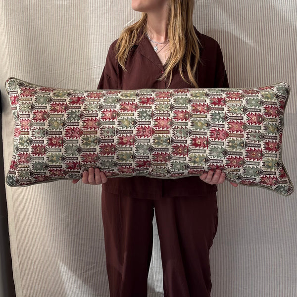 Bolster cushion 90 x 35cm in Carlos Garcia, Antolia verdigris with Green woven back and piping