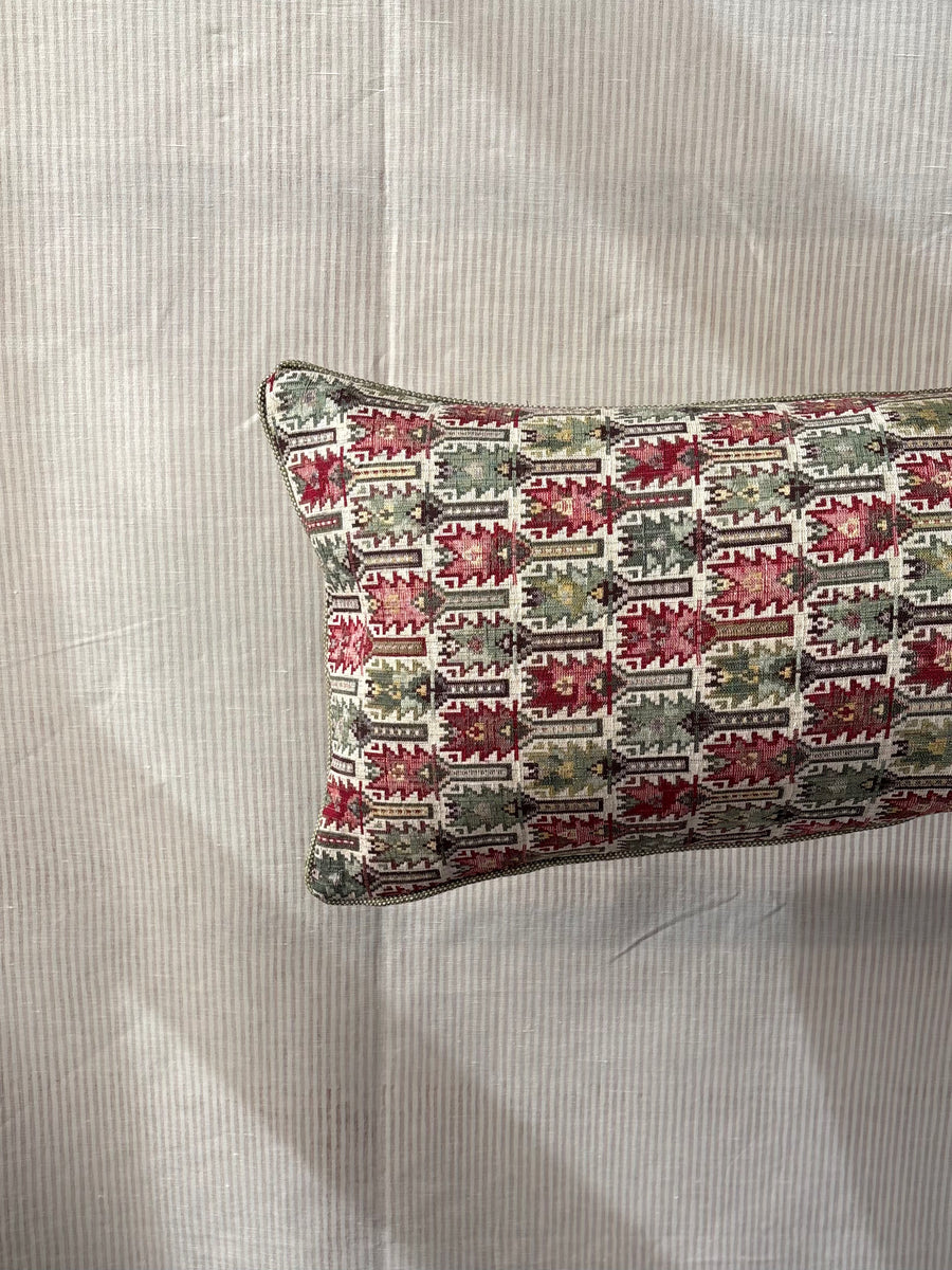 Bolster cushion 90 x 35cm in Carlos Garcia, Antolia verdigris with Green woven back and piping