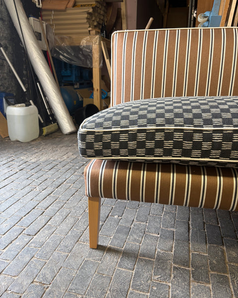 130cm Emily Banquette in Romo, Tiva in Cinnamon and Lee Joffa, Stroll in Charcoal
