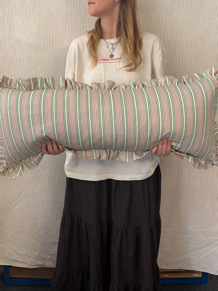SINGLE Bolster cushion 90 x 35cm in Liberty, Regent stripe in fern pink with 2inch frill border