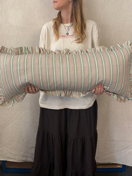 SINGLE Bolster cushion 90 x 35cm in Liberty, Regent stripe in fern pink with 2inch frill border