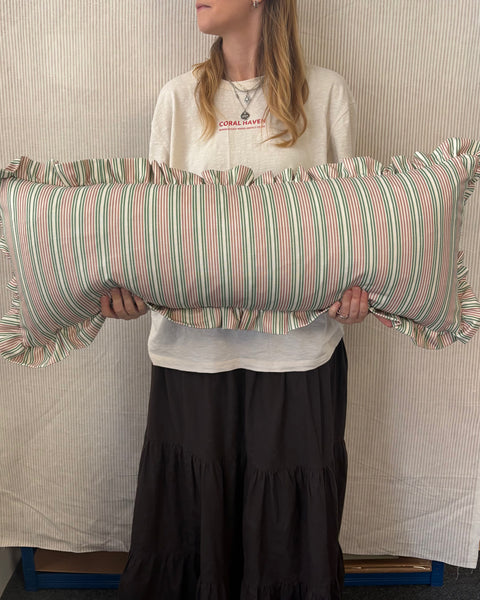 SINGLE Bolster cushion 90 x 35cm in Liberty, Regent stripe in fern pink with 2inch frill border