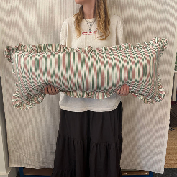 SINGLE Bolster cushion 90 x 35cm in Liberty, Regent stripe in fern pink with 2inch frill border