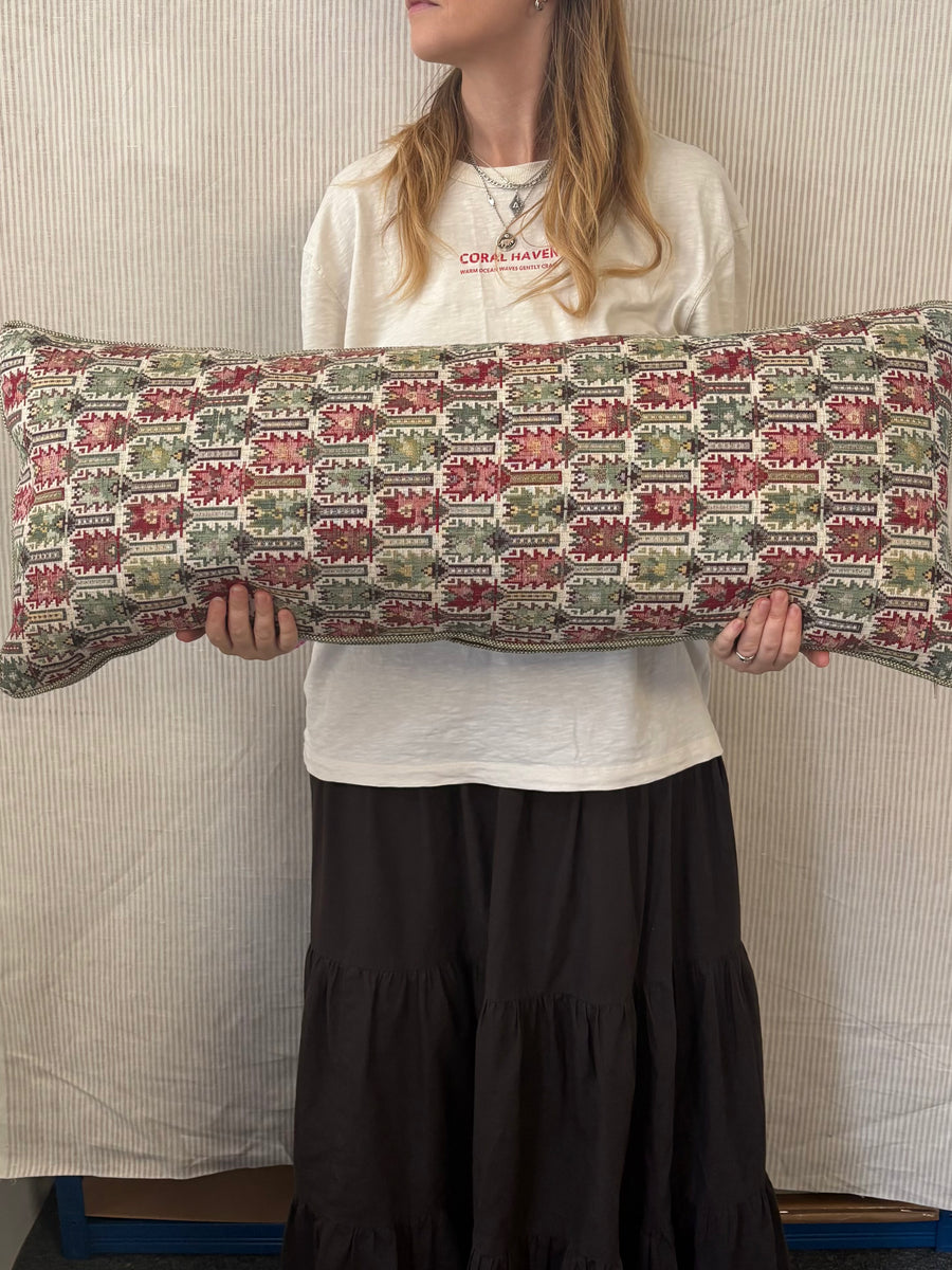 Bolster cushion 90 x 35cm in Carlos Garcia, Antolia verdigris with Green woven back and piping