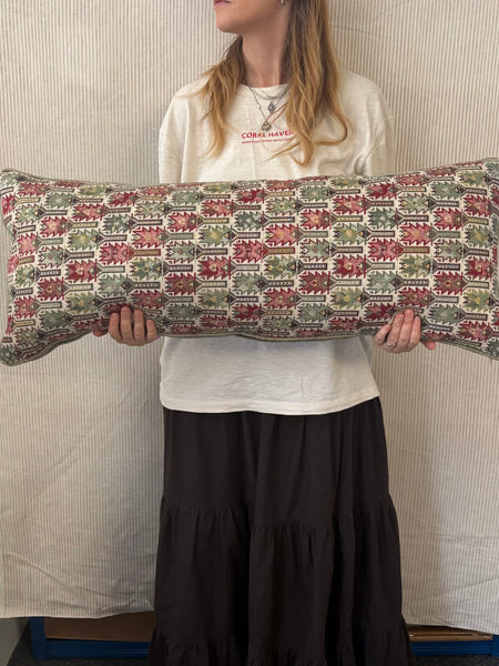Bolster cushion 90 x 35cm in Carlos Garcia, Antolia verdigris with Green woven back and piping