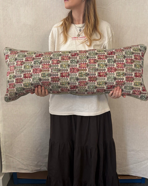 Bolster cushion 90 x 35cm in Carlos Garcia, Antolia verdigris with Green woven back and piping