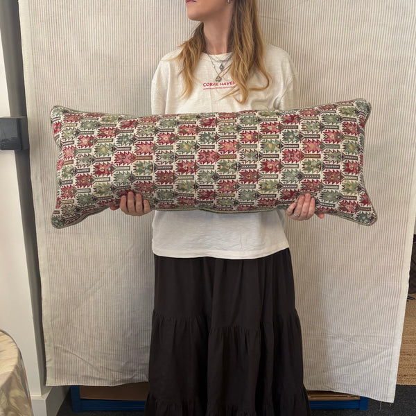 Bolster cushion 90 x 35cm in Carlos Garcia, Antolia verdigris with Green woven back and piping