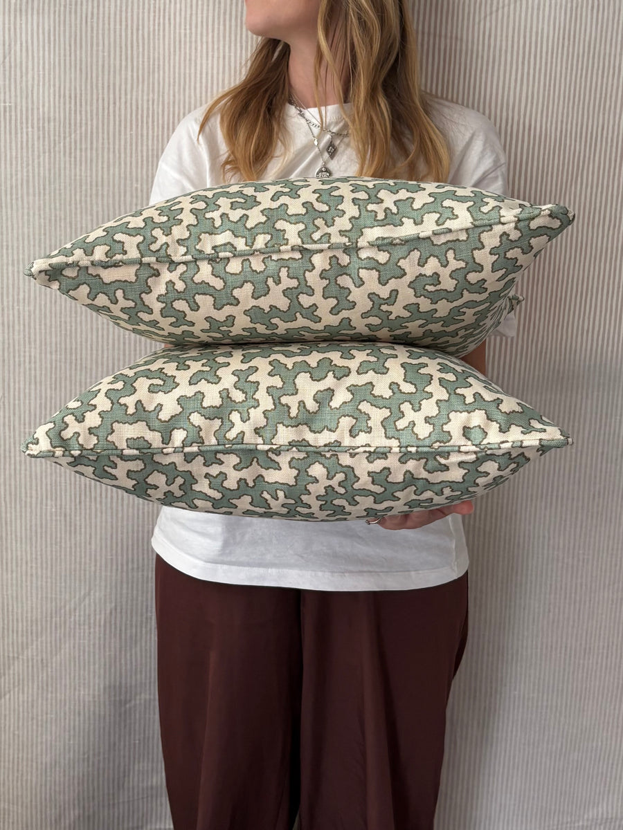 Pair of Square cushion Sibyl Colefax, Aqua Squiggle