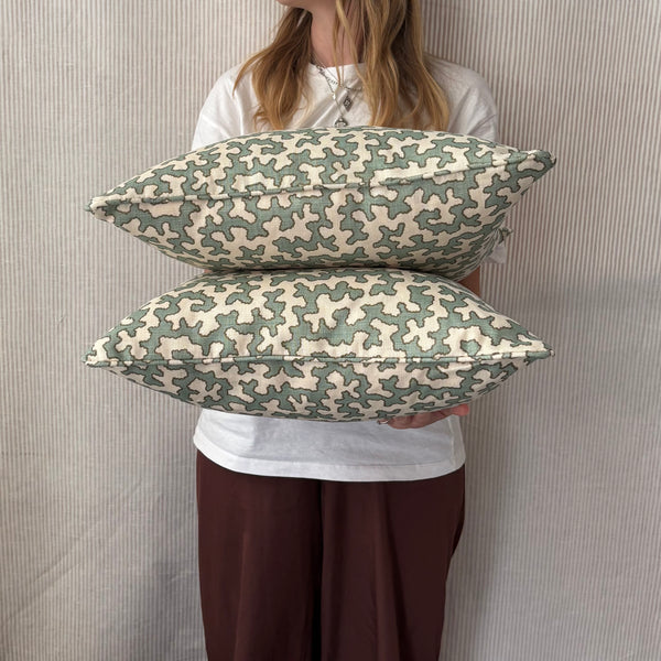 Pair of Square cushion Sibyl Colefax, Aqua Squiggle