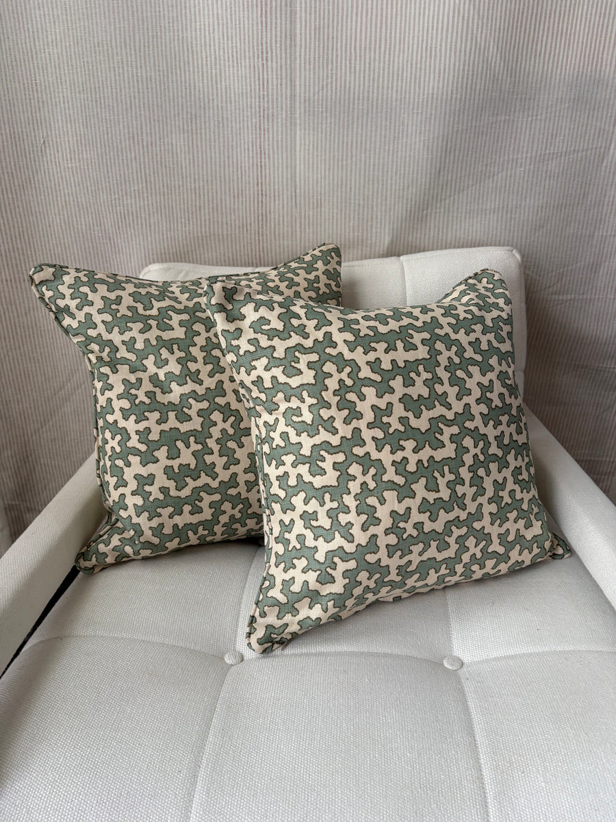 Pair of Square cushion Sibyl Colefax, Aqua Squiggle