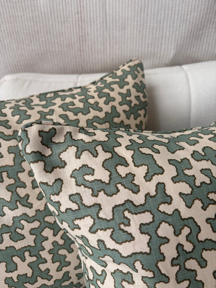 Pair of Square cushion Sibyl Colefax, Aqua Squiggle