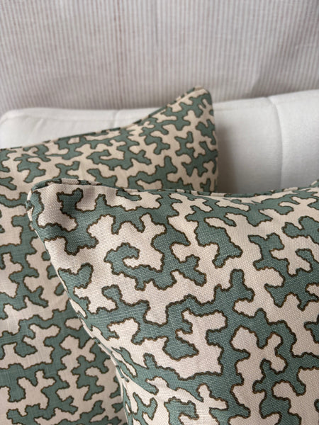 Pair of Square cushion Sibyl Colefax, Aqua Squiggle