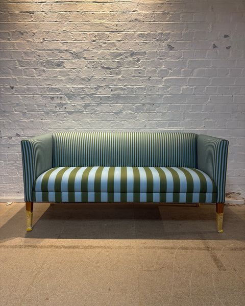 Striped, fixed cushion, fixed back sofa, wooden leg, upholstered, handmade, bespoke