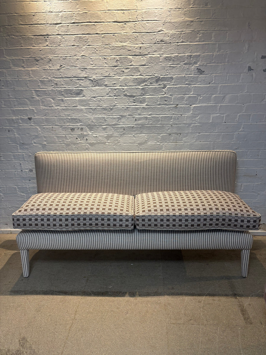 180cm Lucy Banquette in Lucy in Merchant and Mills Carob stripe and Sanderson, Akan in Cocoa