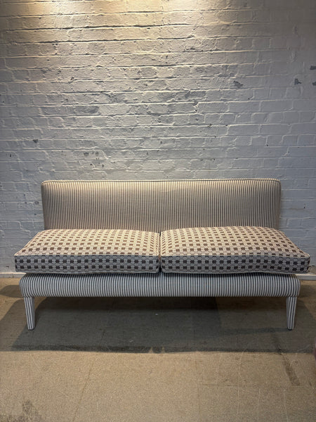 180cm Lucy Banquette in Lucy in Merchant and Mills Carob stripe and Sanderson, Akan in Cocoa