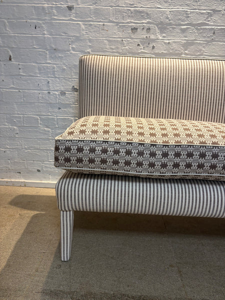 180cm Lucy Banquette in Lucy in Merchant and Mills Carob stripe and Sanderson, Akan in Cocoa