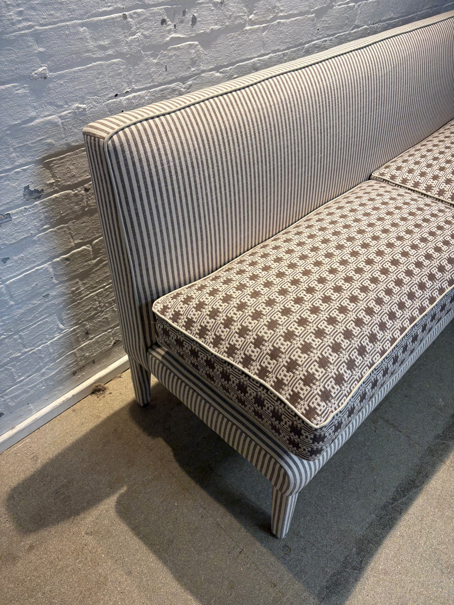 180cm Lucy Banquette in Lucy in Merchant and Mills Carob stripe and Sanderson, Akan in Cocoa