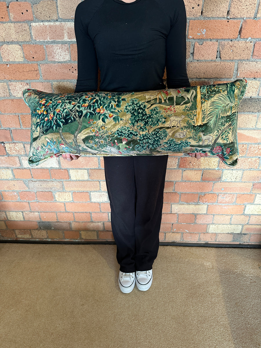 Bolster Cushion 90x35cm in GP&J Baker Ramayana velvet Emerald and Sand