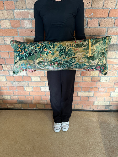 Bolster Cushion 90x35cm in GP&J Baker Ramayana velvet Emerald and Sand