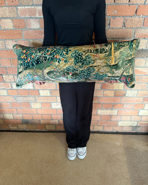 Bolster Cushion 90x35cm in GP&J Baker Ramayana velvet Emerald and Sand