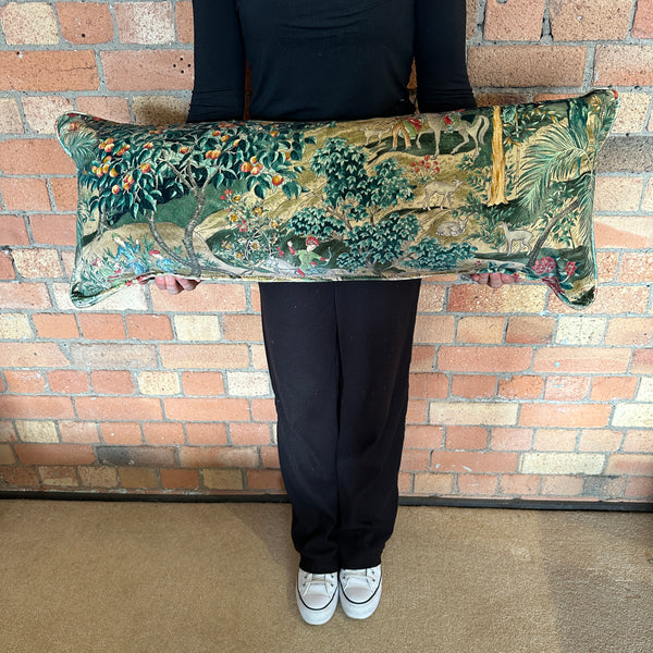 Bolster Cushion 90x35cm in GP&J Baker Ramayana velvet Emerald and Sand