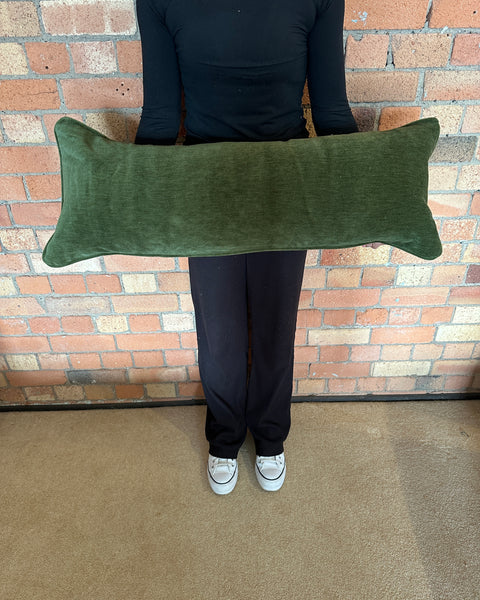 Bolster Cushion 90x35cm in Guy Goodfellow Tiepolo Olive with green velvet back