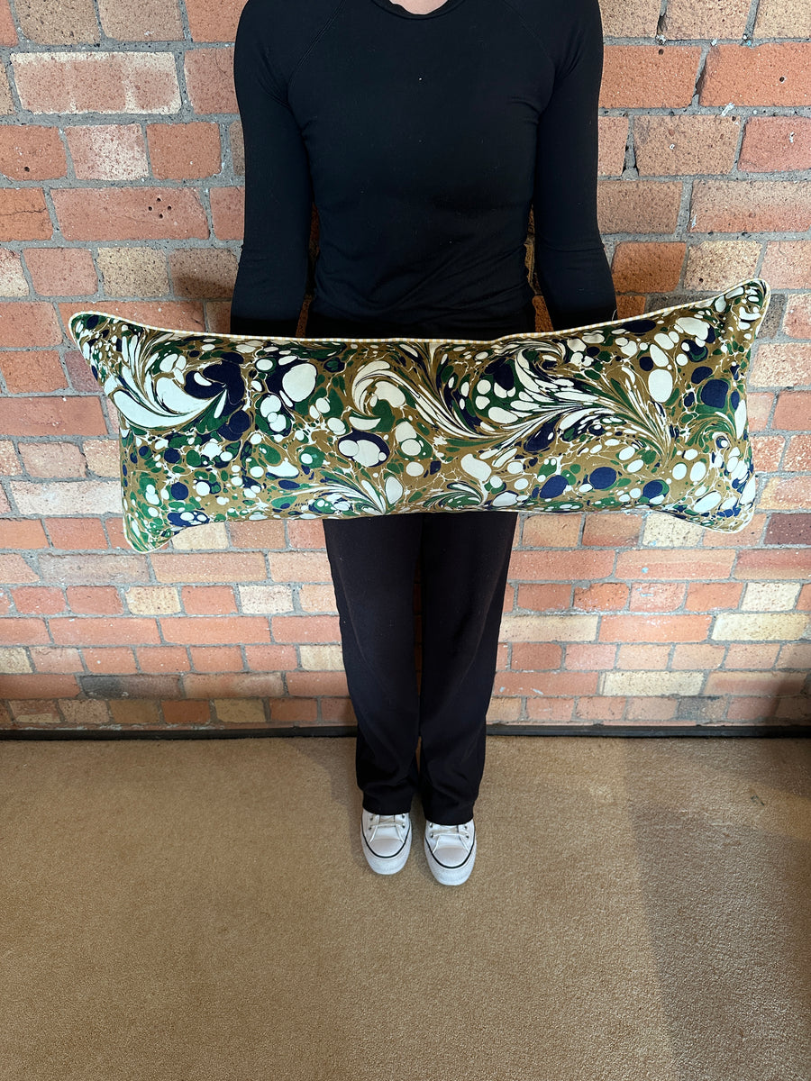 Bolster Cushion 90x35cm in Beata Heuman Dappled velvet with yellow stripe back and piping