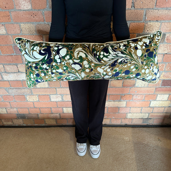 Bolster Cushion 90x35cm in Beata Heuman Dappled velvet with yellow stripe back and piping