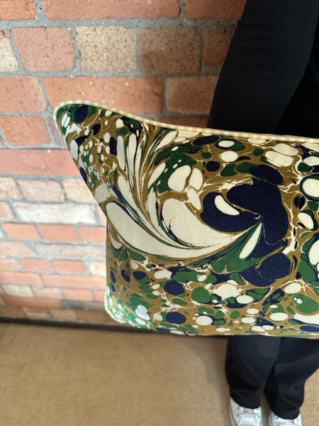 Bolster Cushion 90x35cm in Beata Heuman Dappled velvet with yellow stripe back and piping