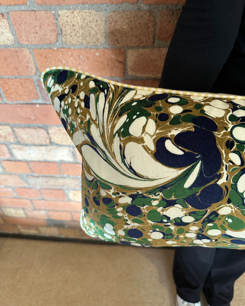 Bolster Cushion 90x35cm in Beata Heuman Dappled velvet with yellow stripe back and piping