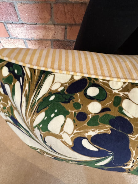 Bolster Cushion 90x35cm in Beata Heuman Dappled velvet with yellow stripe back and piping