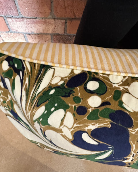Bolster Cushion 90x35cm in Beata Heuman Dappled velvet with yellow stripe back and piping