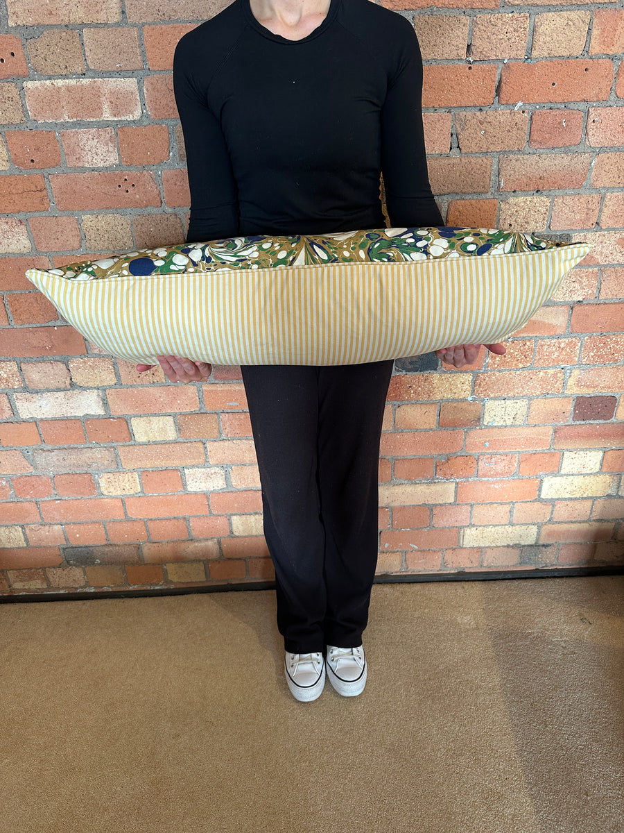 Bolster Cushion 90x35cm in Beata Heuman Dappled velvet with yellow stripe back and piping