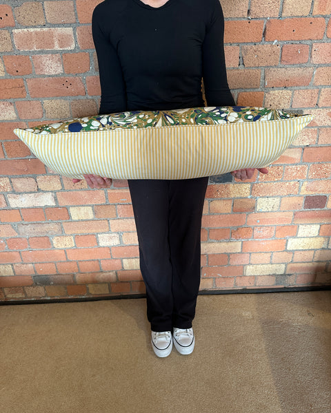 Bolster Cushion 90x35cm in Beata Heuman Dappled velvet with yellow stripe back and piping